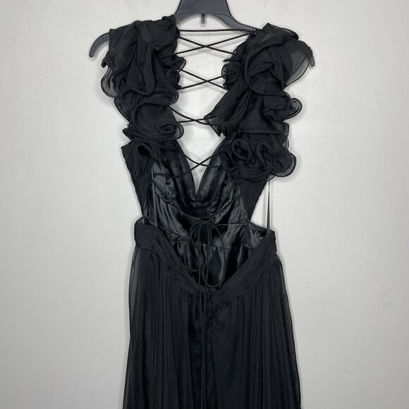 MAC DUGGAL Gown Women 6 Ruffled Cutout Lace-Up Back Solid Black - Picture 10 of 14